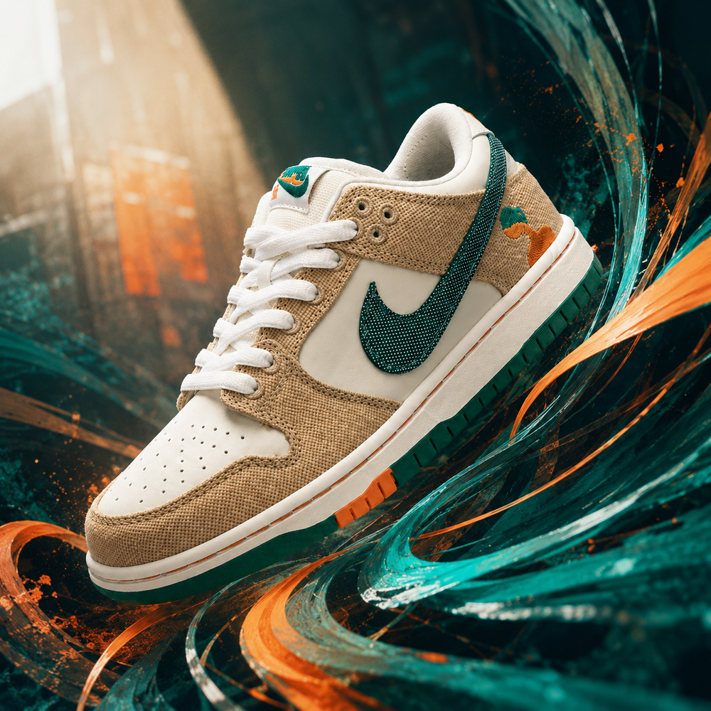 A single low-top sneaker floating against a swirling abstract background. The shoe has a tan woven-texture upper, white leather panels and laces, a dark teal Nike Swoosh, and small orange carrot graphics near the heel.
