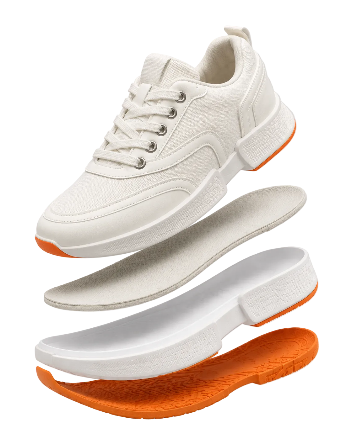 A white low-top sneaker shown floating with its components separated: upper, midsole, and outsole, revealing a bright orange sole layer. Photographed on a clean light gray background.
